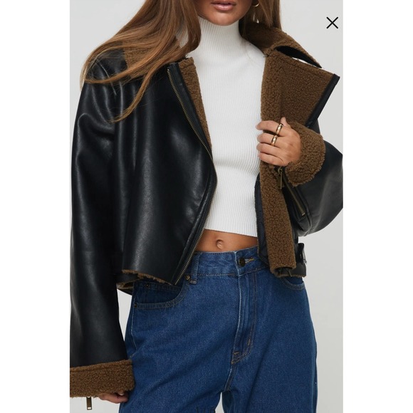 Princess Polly Jackets & Blazers - Princess Polly Size 4 Faux Leather Shearling Crop Jacket Black Edgy Moto Sherpa